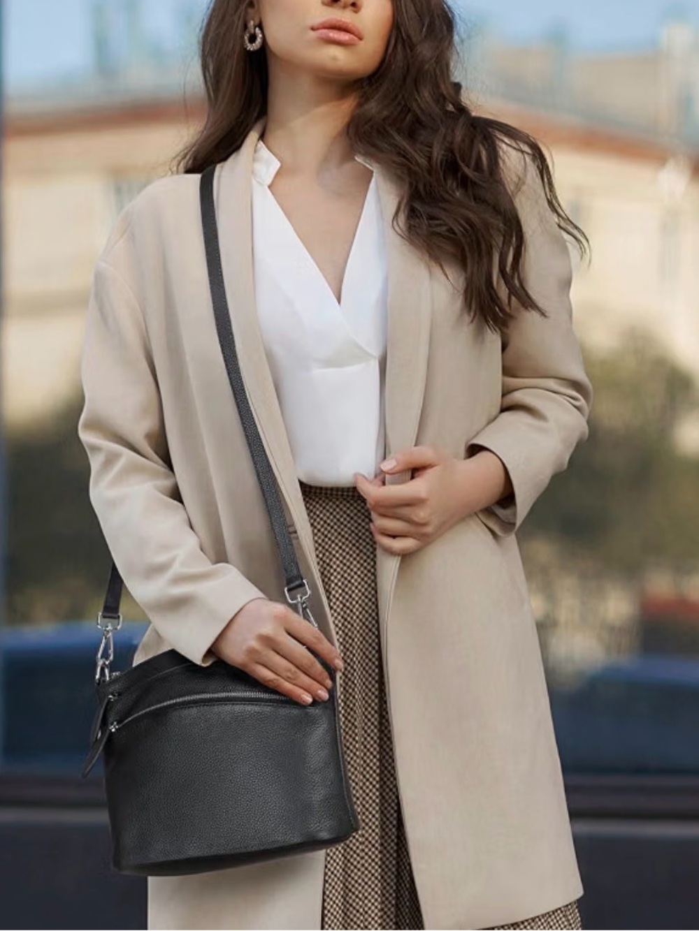 HESHE Minimalist Black Leather Crossbody Bag